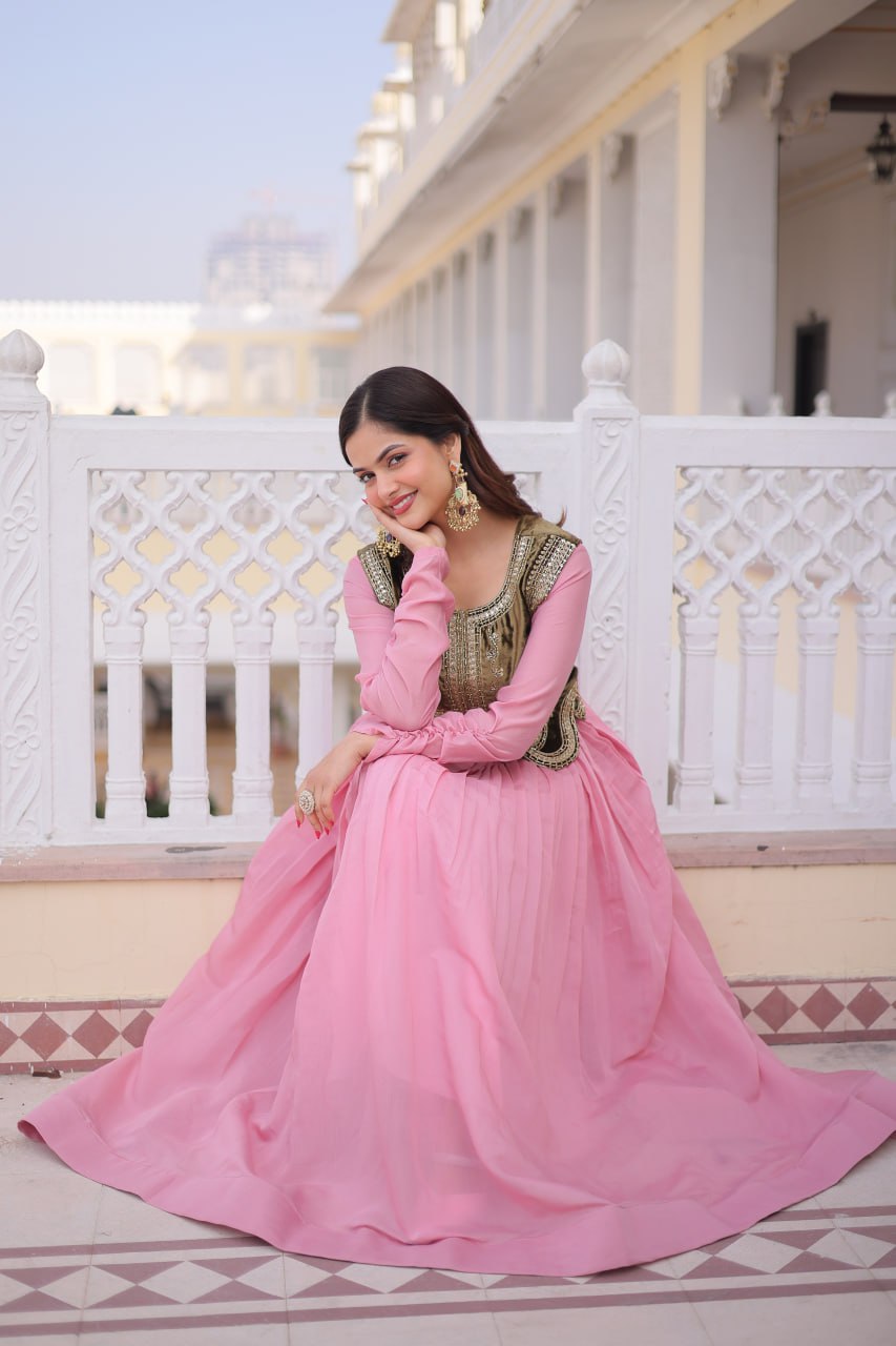 Mal Chanderi Gown with Velvet Embroidered Koti Set