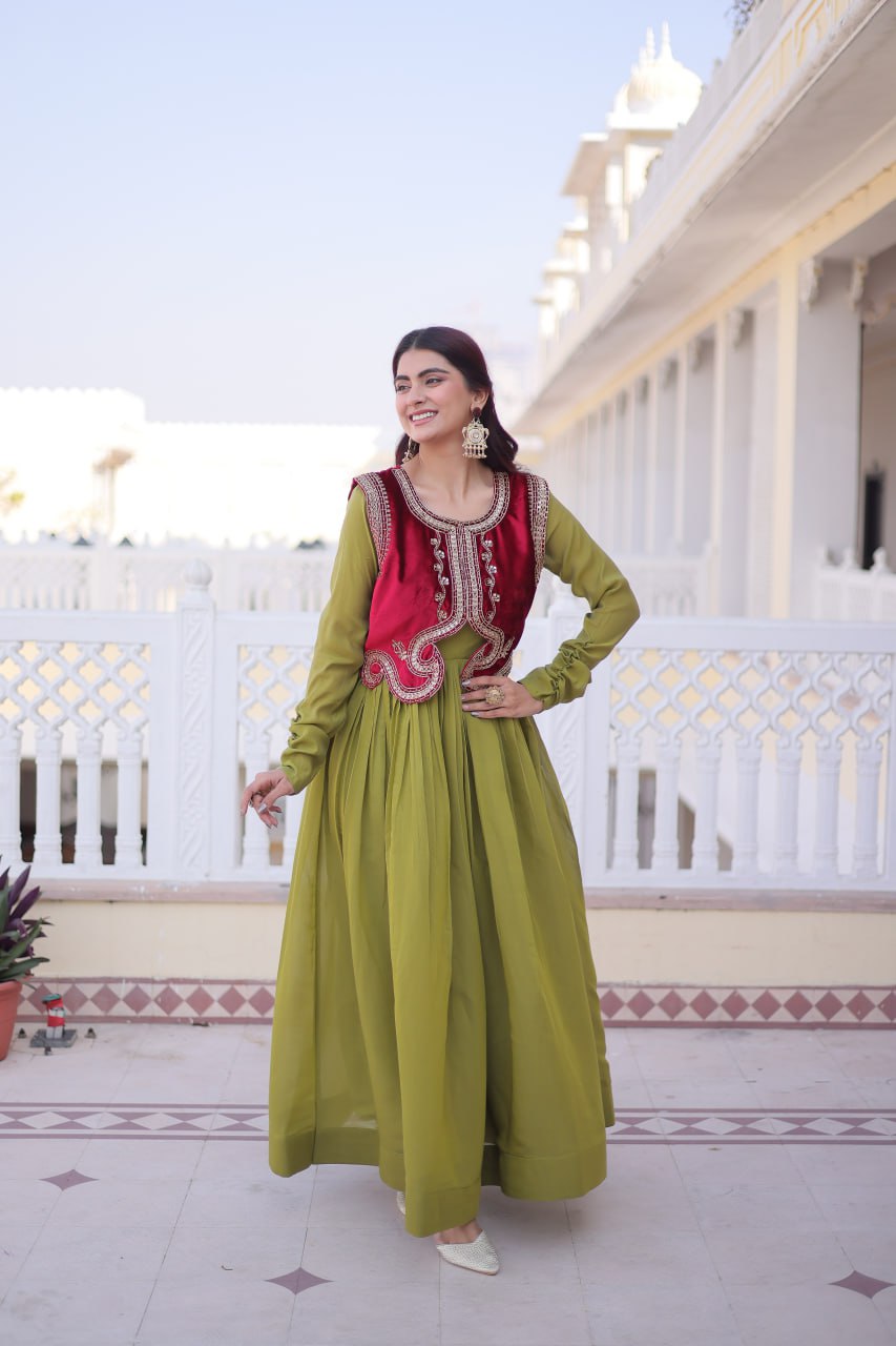 Mal Chanderi Gown with Velvet Embroidered Koti Set