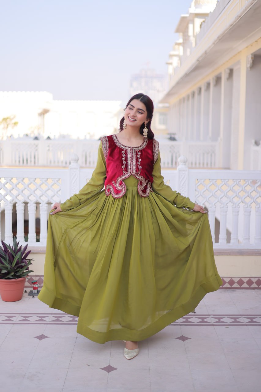 Mal Chanderi Gown with Velvet Embroidered Koti Set