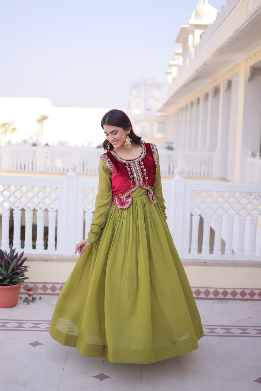 Mal Chanderi Gown with Velvet Embroidered Koti Set