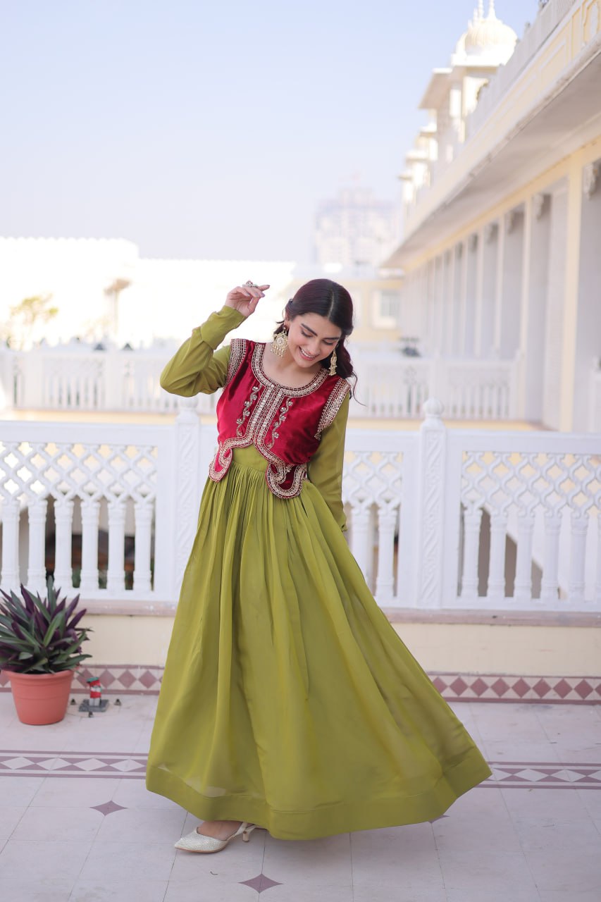 Mal Chanderi Gown with Velvet Embroidered Koti Set