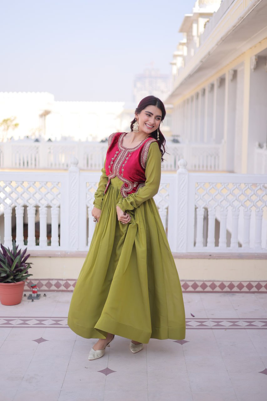 Mal Chanderi Gown with Velvet Embroidered Koti Set