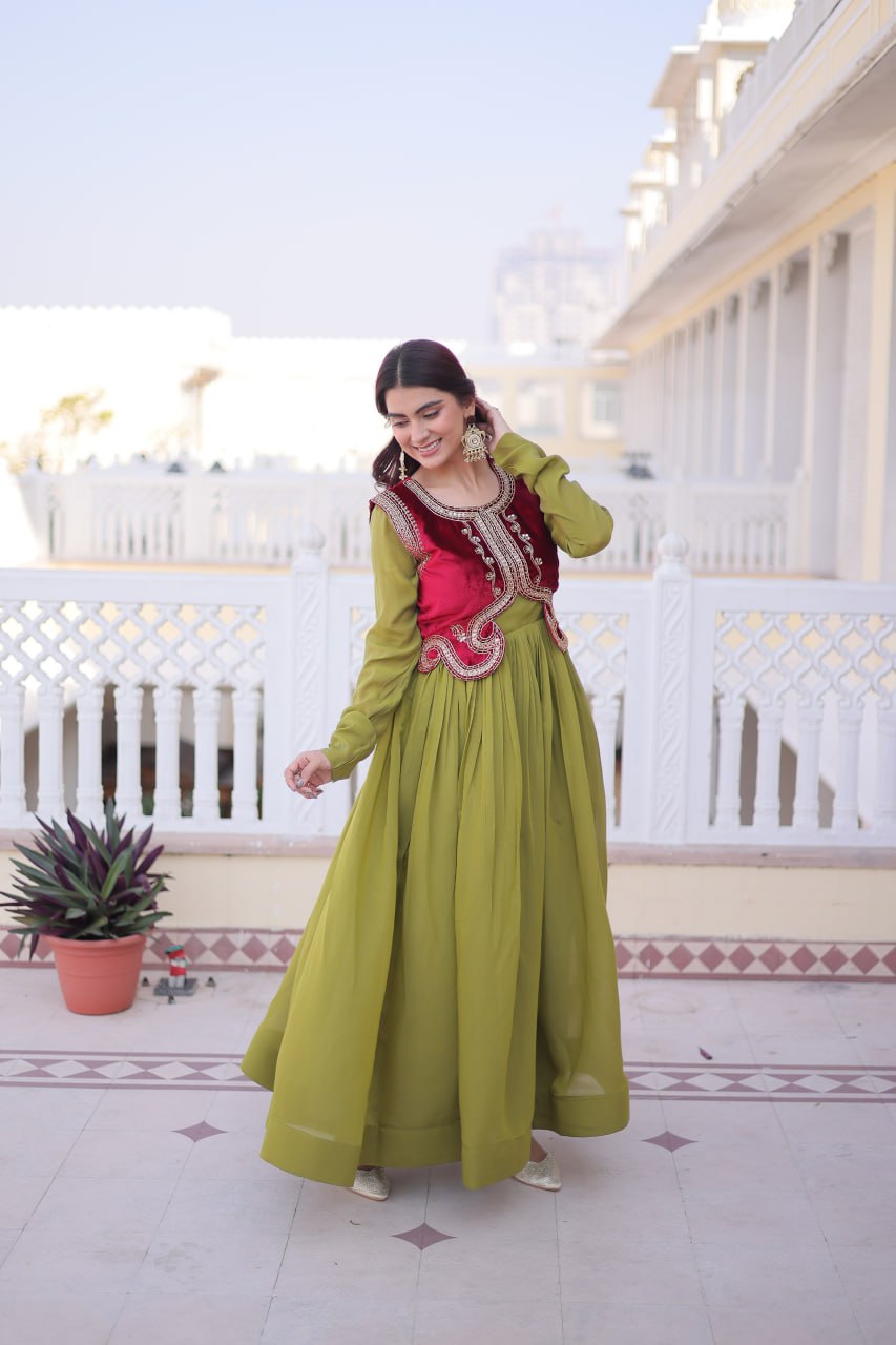 Mal Chanderi Gown with Velvet Embroidered Koti Set