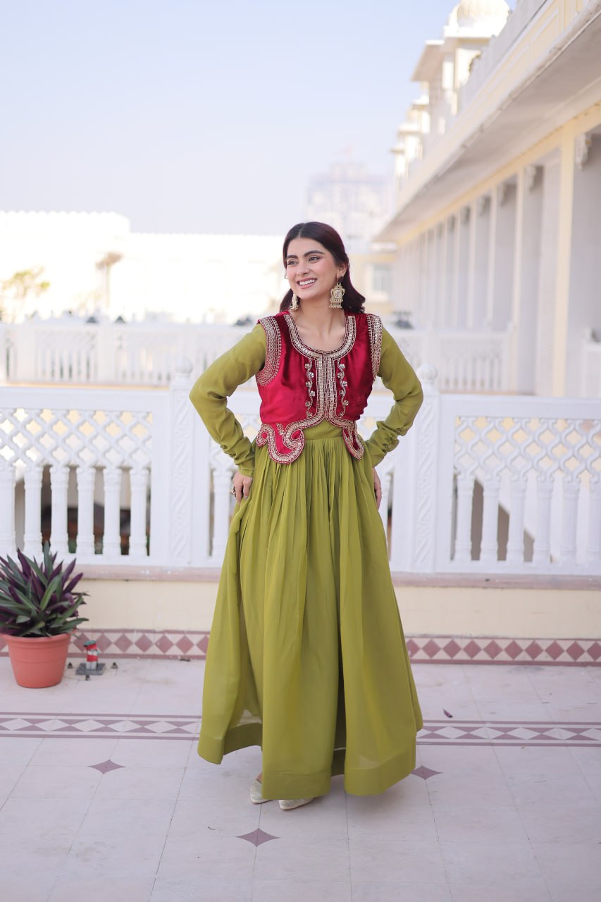Mal Chanderi Gown with Velvet Embroidered Koti Set