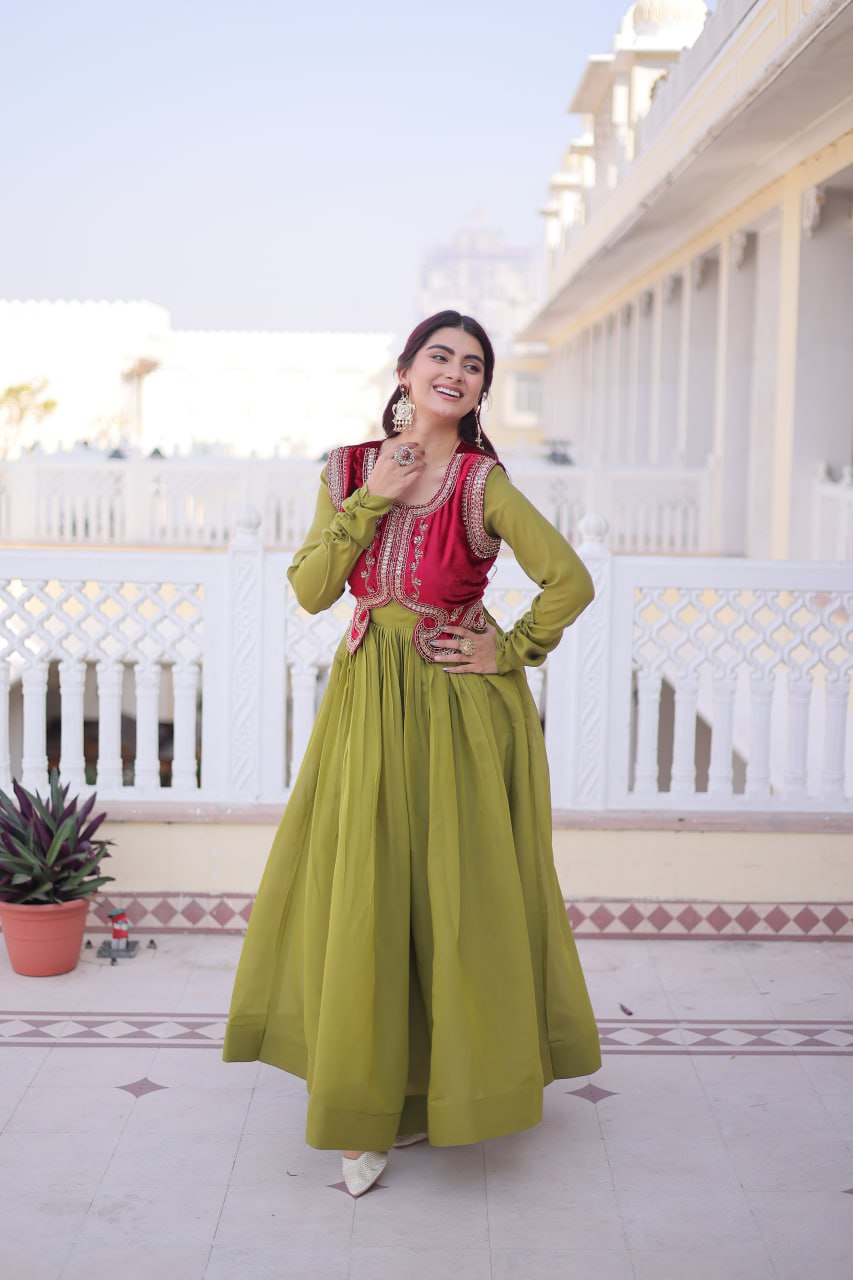 Mal Chanderi Gown with Velvet Embroidered Koti Set
