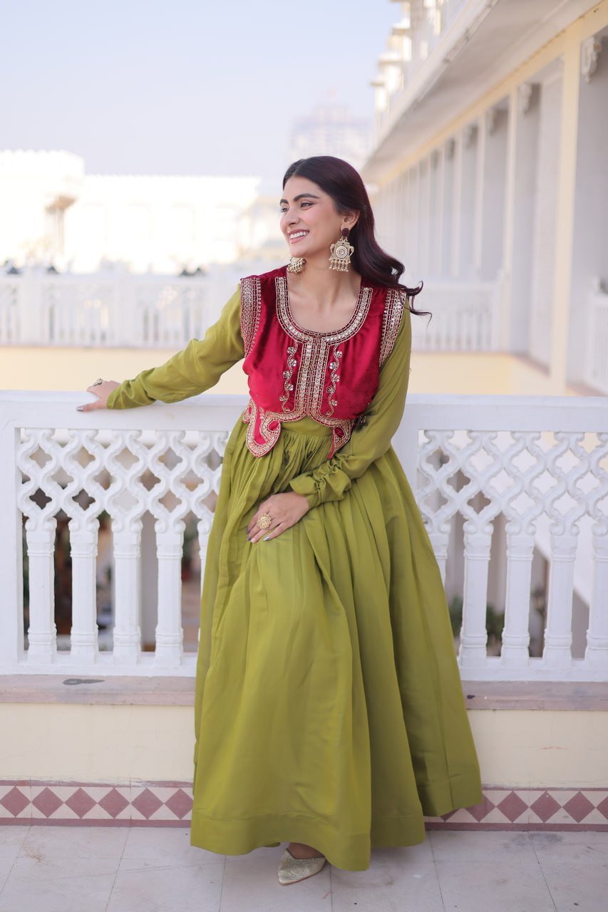Mal Chanderi Gown with Velvet Embroidered Koti Set