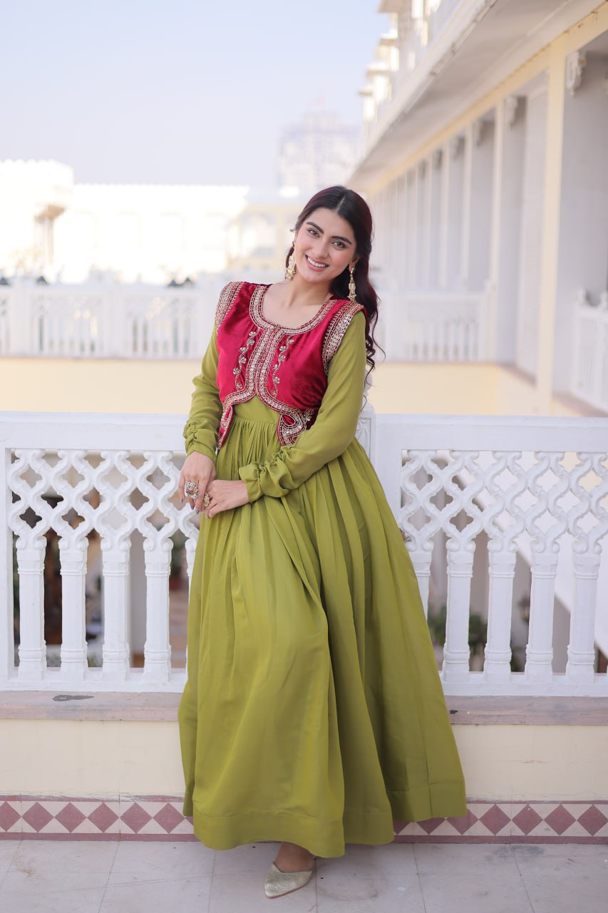 Mal Chanderi Gown with Velvet Embroidered Koti Set