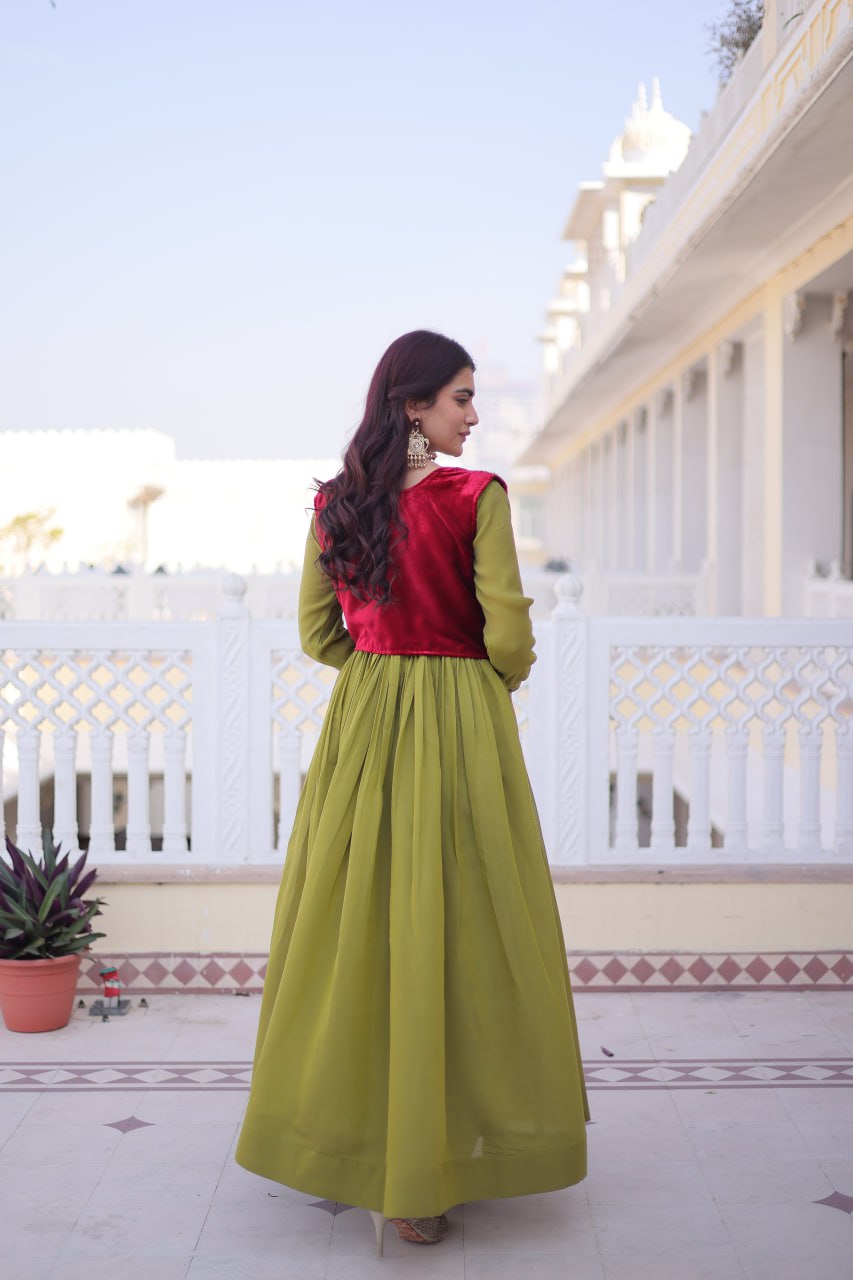Mal Chanderi Gown with Velvet Embroidered Koti Set