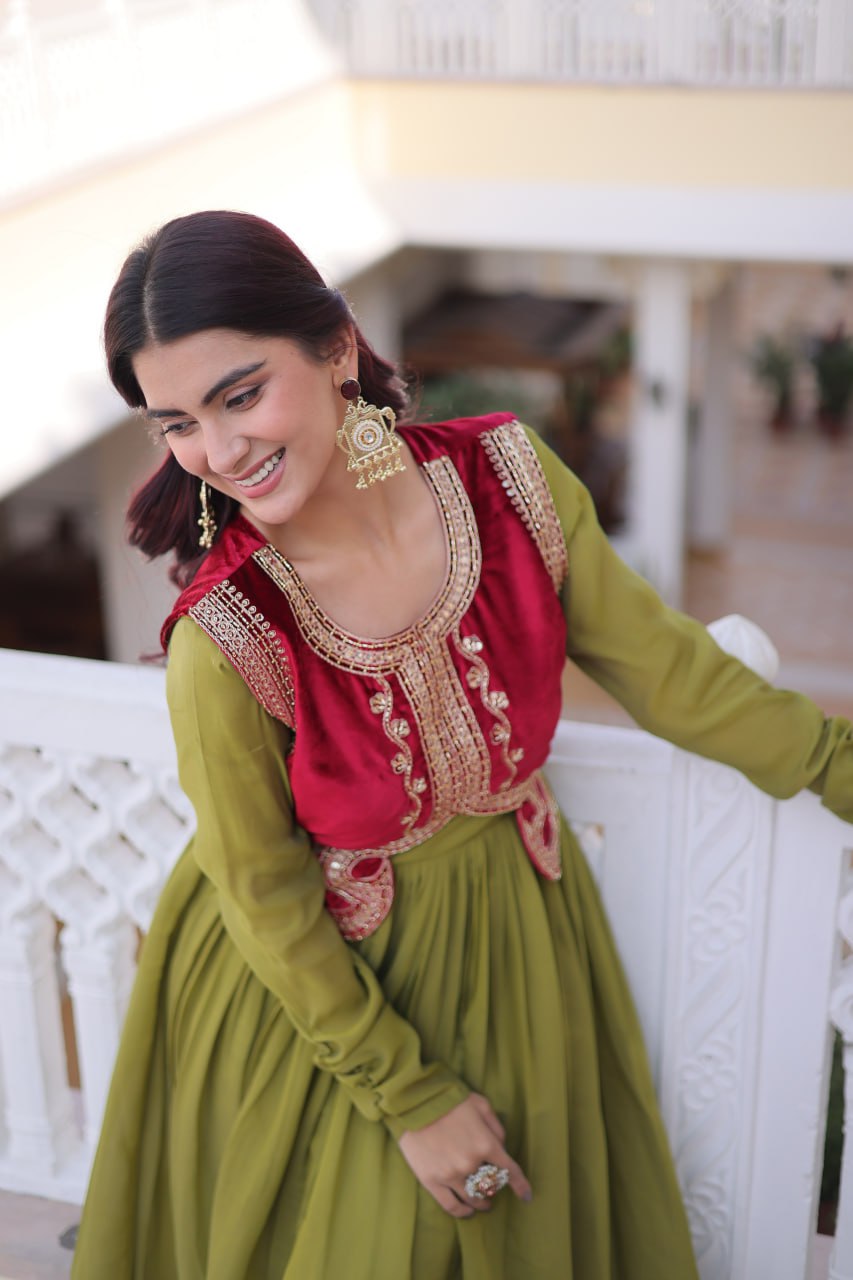 Mal Chanderi Gown with Velvet Embroidered Koti Set