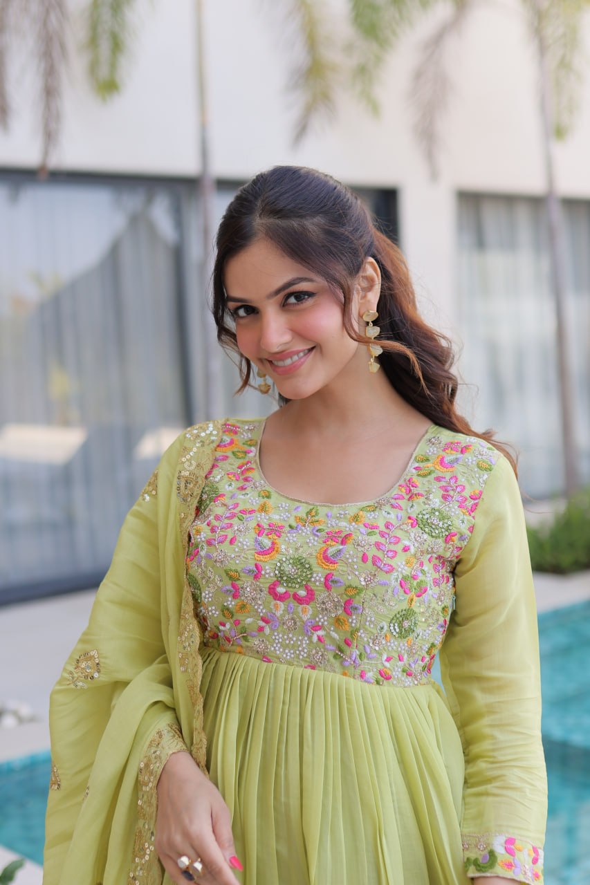 Mal Chanderi Beads Embroidery Gown Set