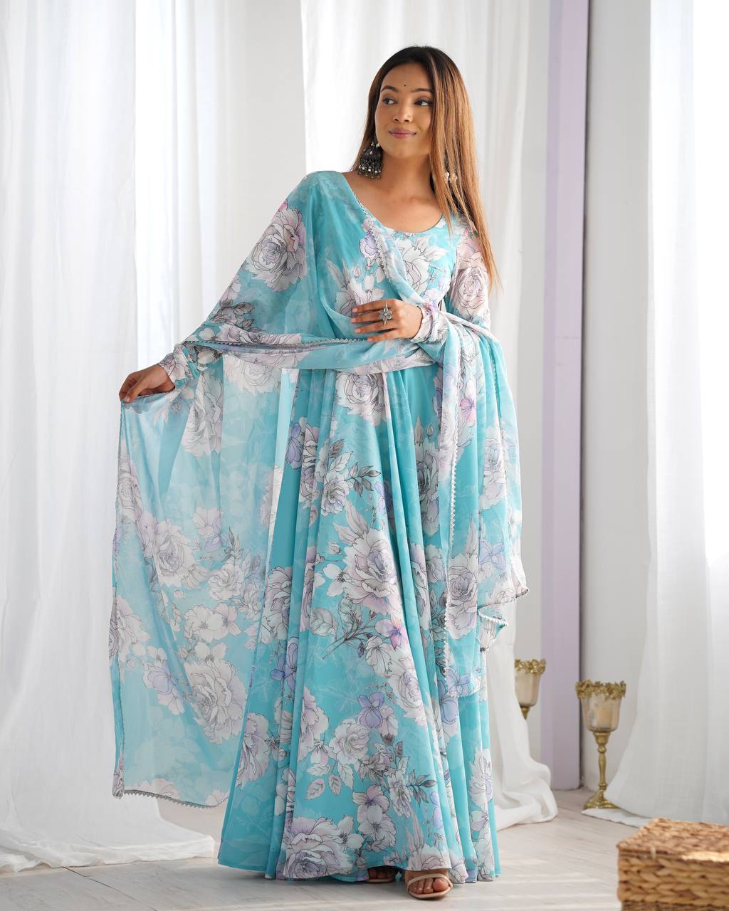 Floral Print Faux Georgette Anarkali Gown with Dupatta