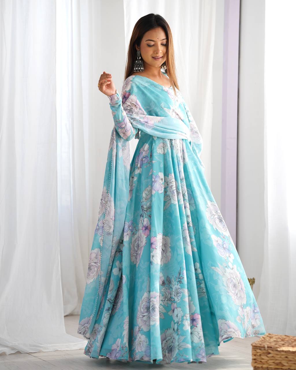 Floral Print Faux Georgette Anarkali Gown with Dupatta