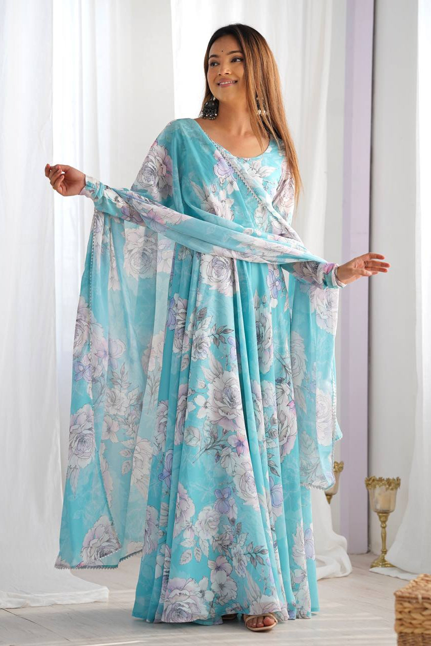 Floral Print Faux Georgette Anarkali Gown with Dupatta