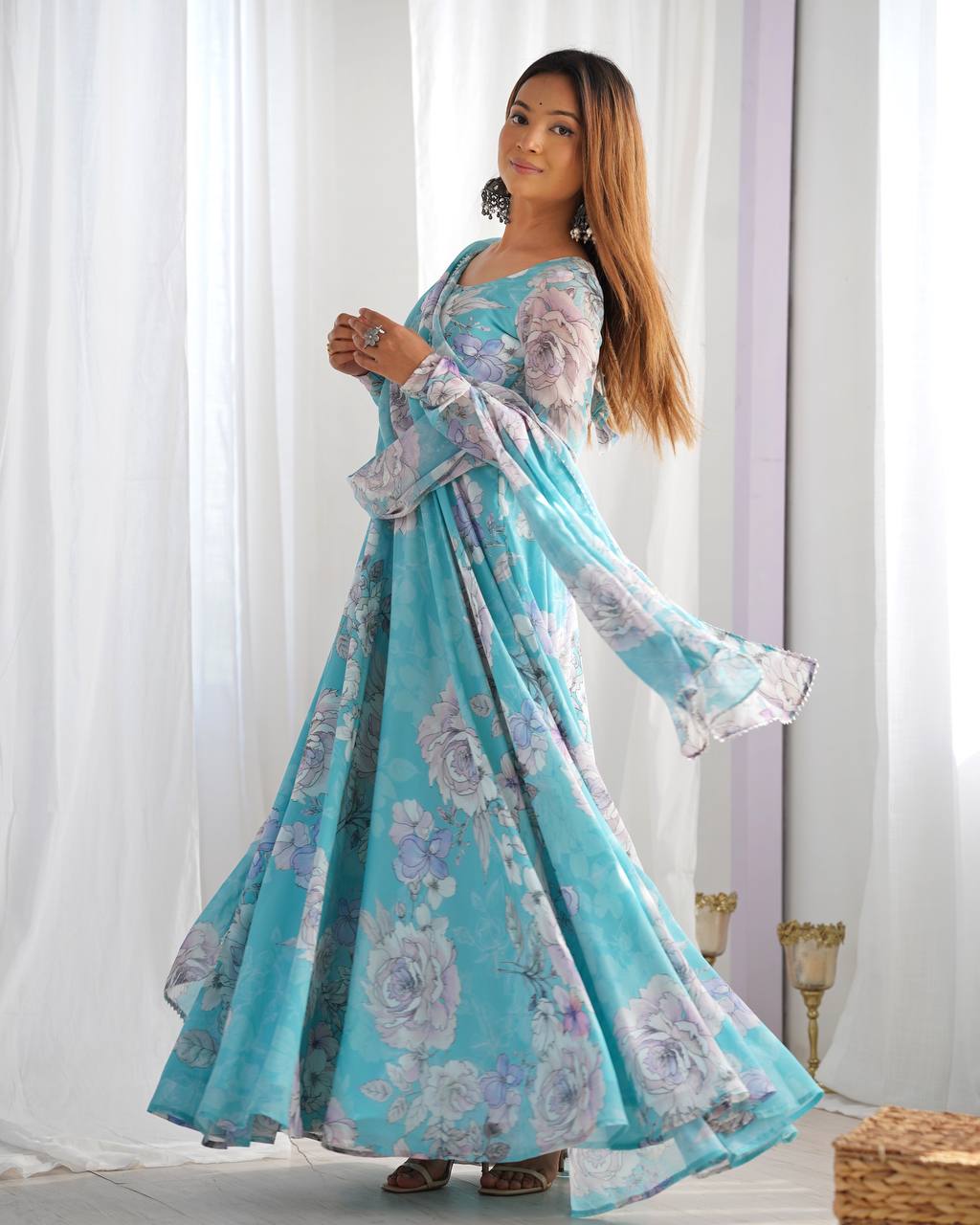 Floral Print Faux Georgette Anarkali Gown with Dupatta