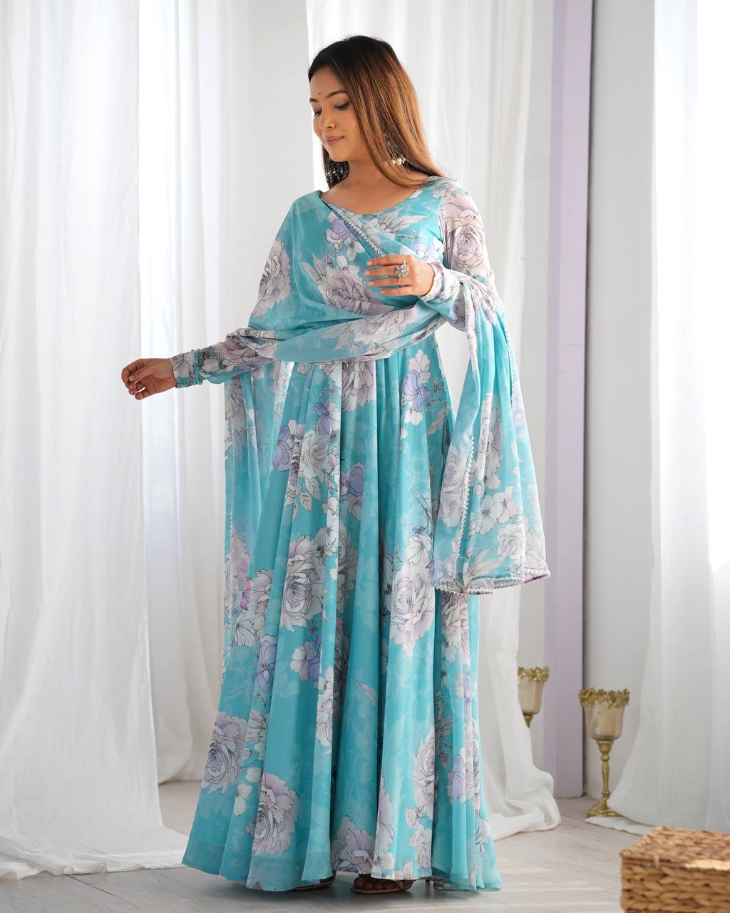 Floral Print Faux Georgette Anarkali Gown with Dupatta