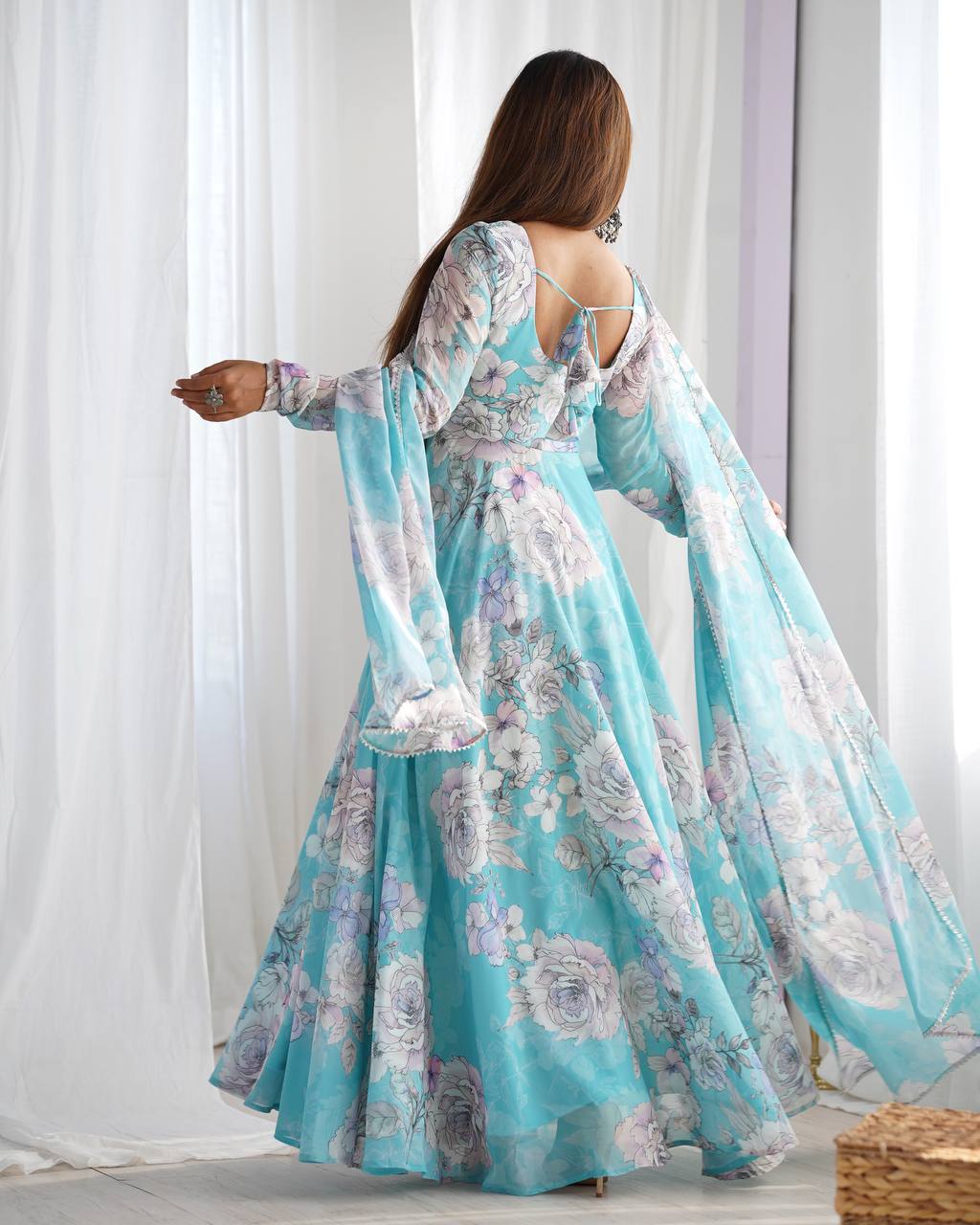 Floral Print Faux Georgette Anarkali Gown with Dupatta