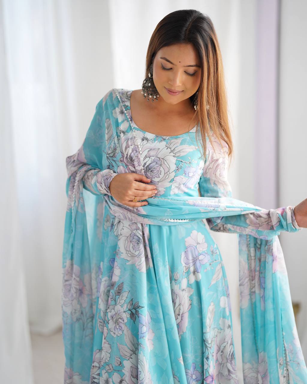 Floral Print Faux Georgette Anarkali Gown with Dupatta