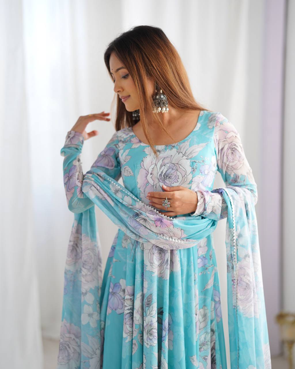 Floral Print Faux Georgette Anarkali Gown with Dupatta