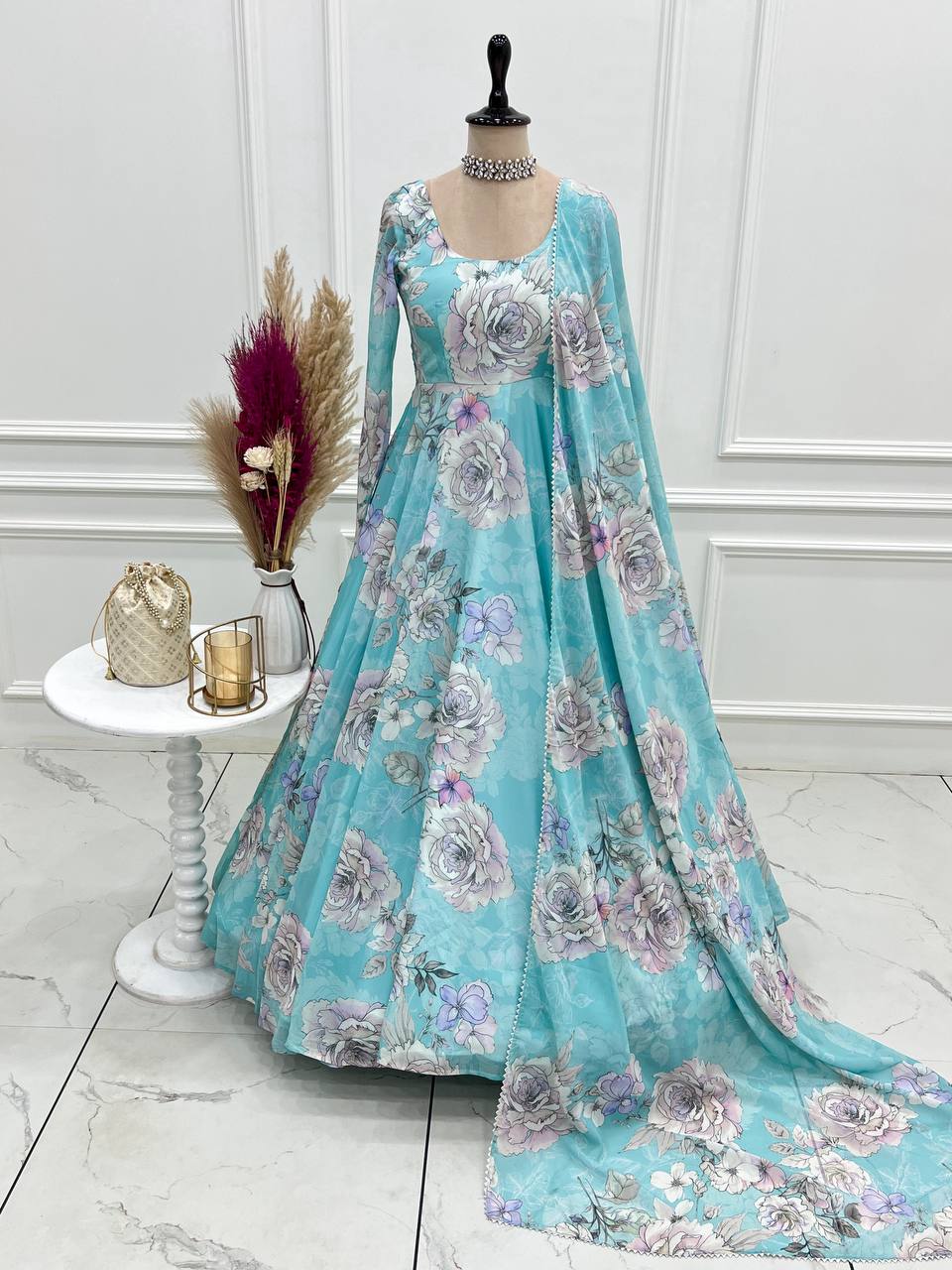 Floral Print Faux Georgette Anarkali Gown with Dupatta
