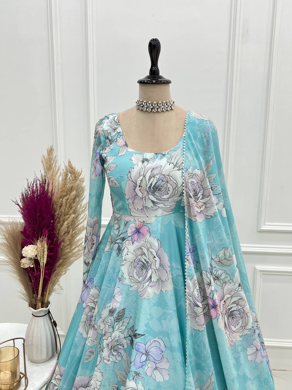 Floral Print Faux Georgette Anarkali Gown with Dupatta