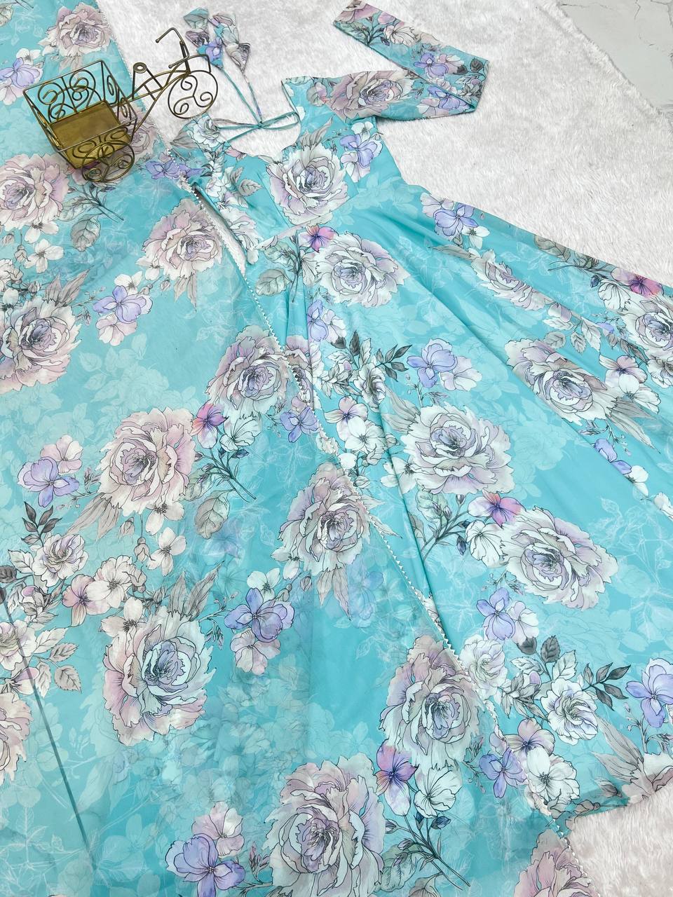 Floral Print Faux Georgette Anarkali Gown with Dupatta