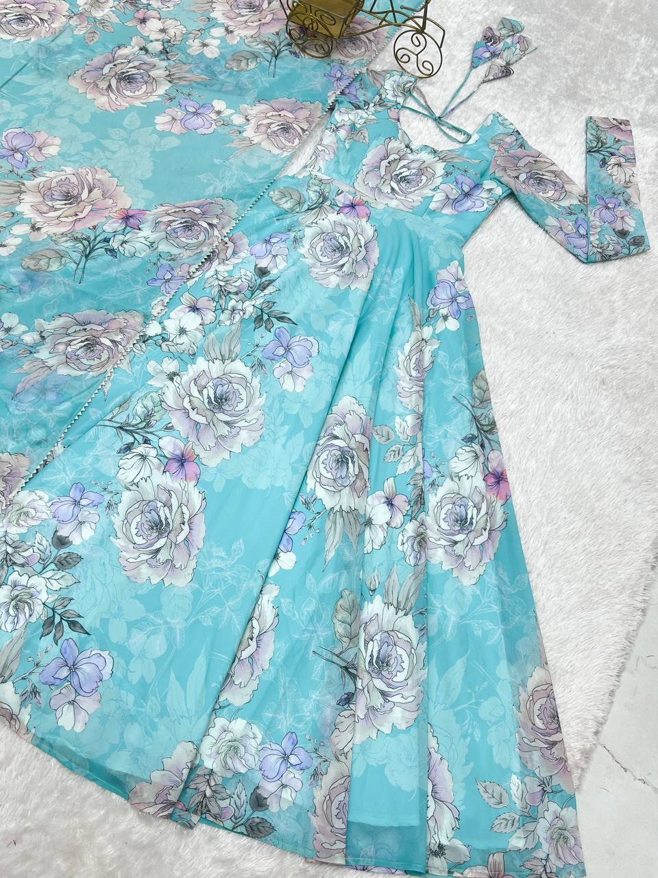 Floral Print Faux Georgette Anarkali Gown with Dupatta