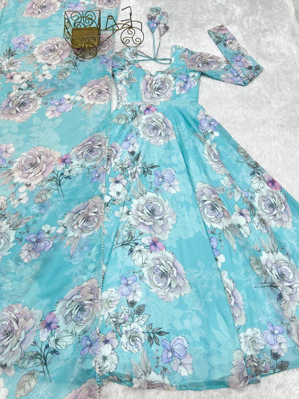 Floral Print Faux Georgette Anarkali Gown with Dupatta