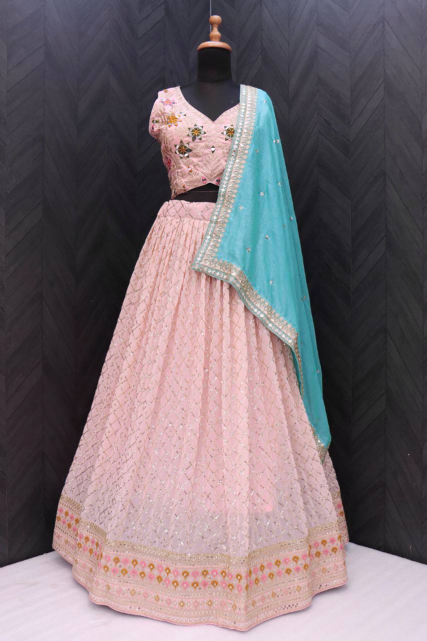 Georgette Lehenga Choli with Sequence Embroidery, Mirror Work Blouse & Chinon Dupatta