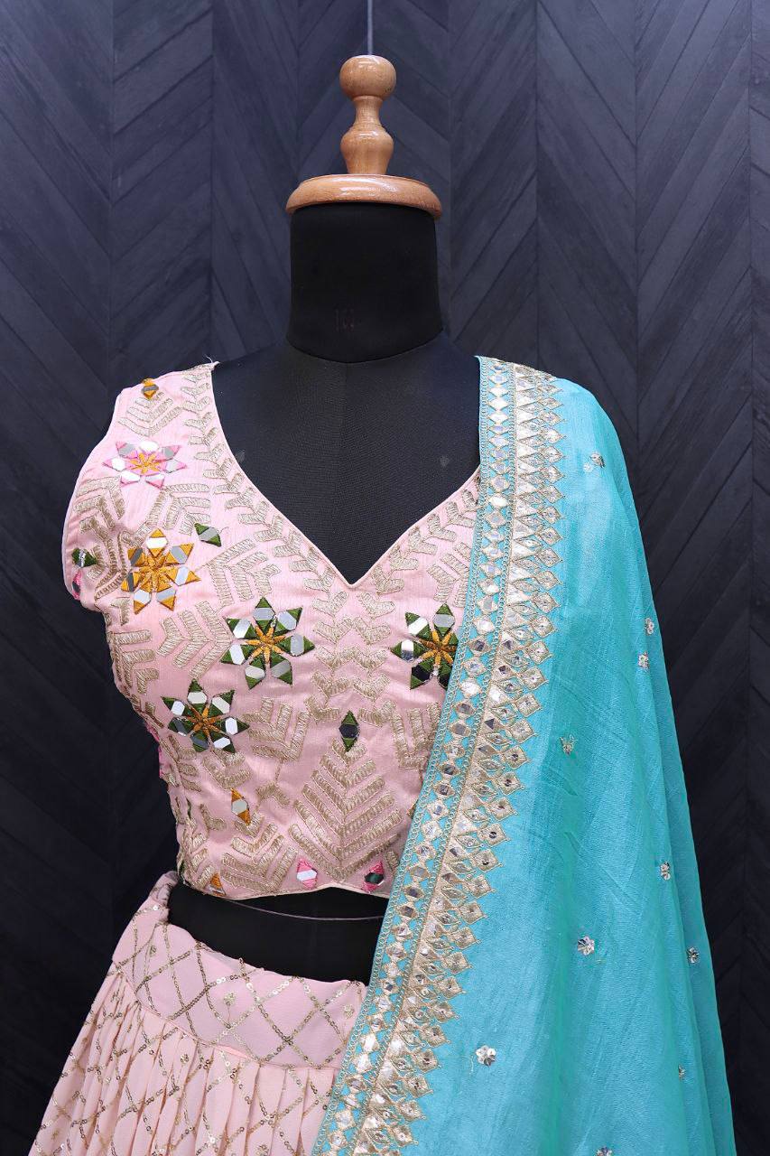 Georgette Lehenga Choli with Sequence Embroidery, Mirror Work Blouse & Chinon Dupatta