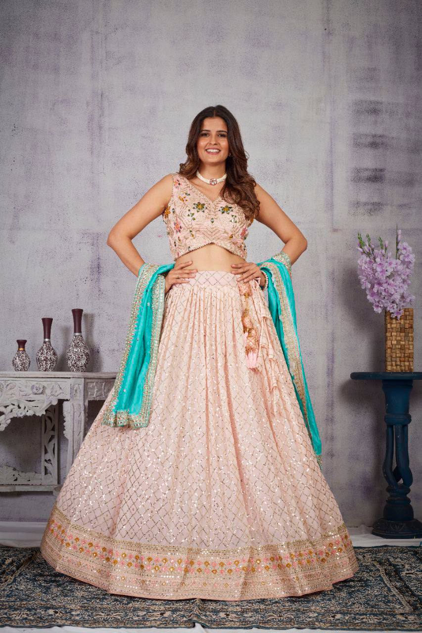 Designer Fox Georgette Lehenga Choli with Sequence Embroidery, Mirror Work Blouse & Chinon Dupatta