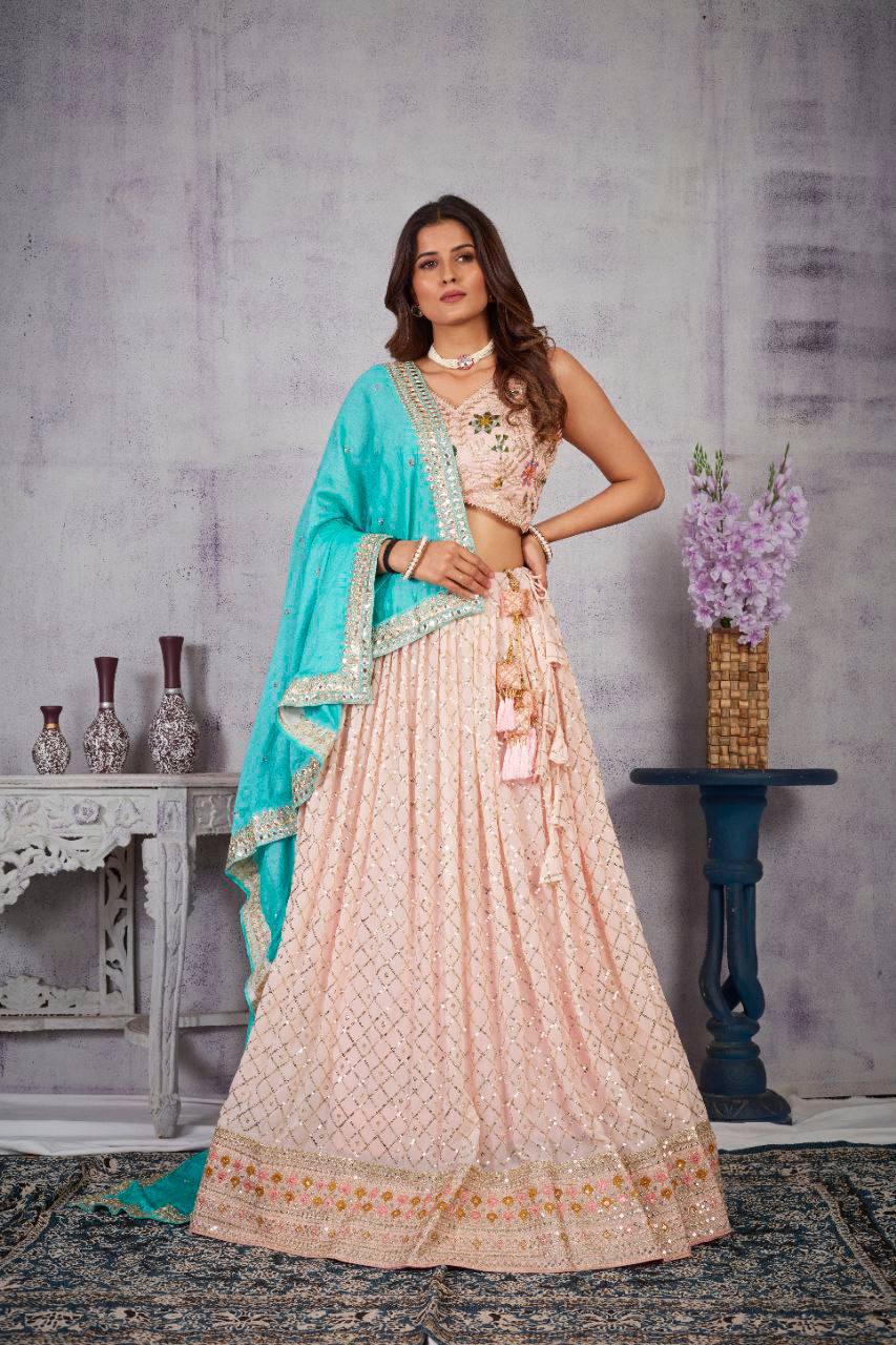 Georgette Lehenga Choli with Sequence Embroidery, Mirror Work Blouse & Chinon Dupatta