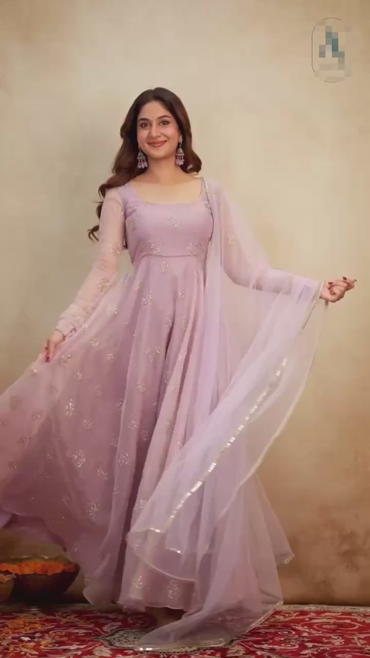 Soft Semi Viscose Sequins Work Gown with Dupatta – Fully Stitched Designer Party Wear