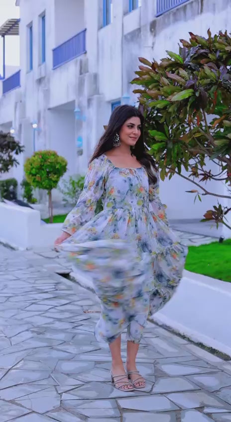 Women’s Premium Faux Georgette Floral & Geometric Digital Print Gown