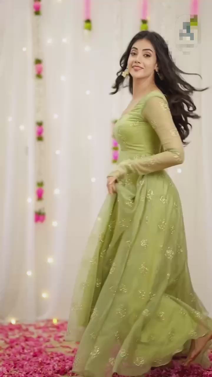 Soft Semi Viscose Sequins Work Gown with Dupatta – Fully Stitched Designer Party Wear