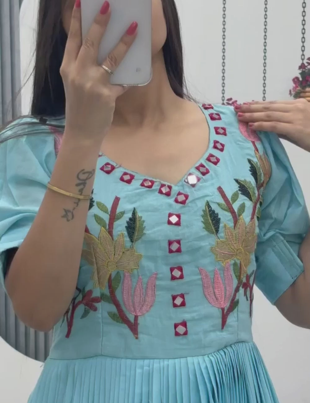 Cotton Gown with Heavy Thread & Hand Mirror Work