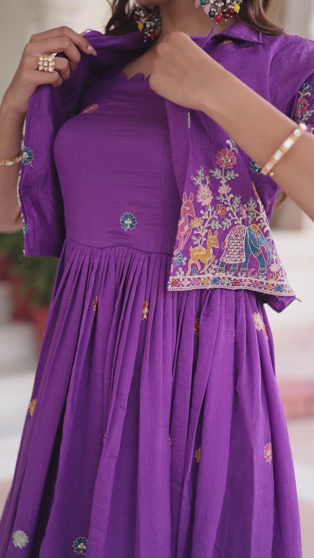 Vichitra Silk Embroidered Gown with Designer Koti Set