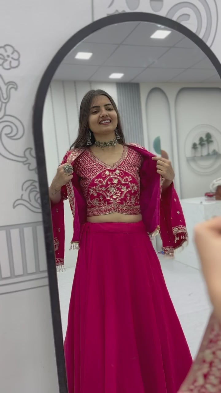 Premium Chinon Lehenga Set with Embroidered Blouse & Designer Jacket