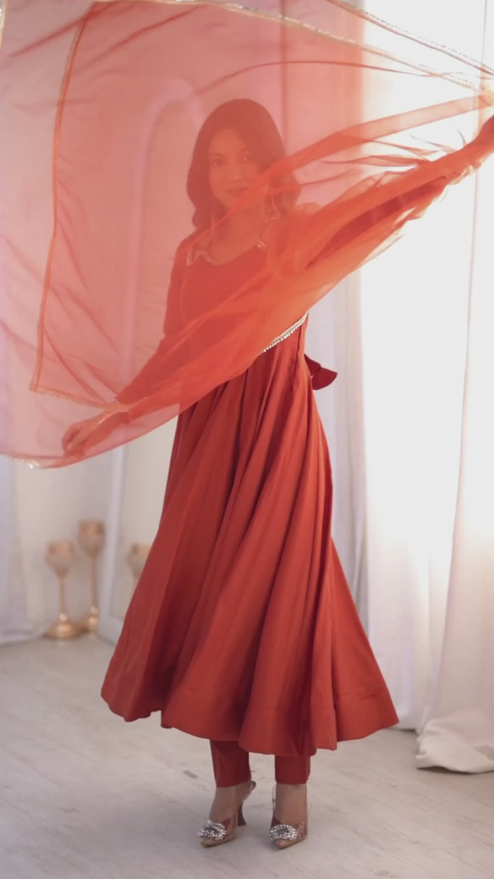 Fully Flared Anarkali Gown Set with Mirror Lace Dupatta & Pant