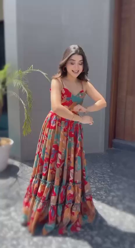 Women’s Premium Muslin Printed Designer Gown with Frill Work