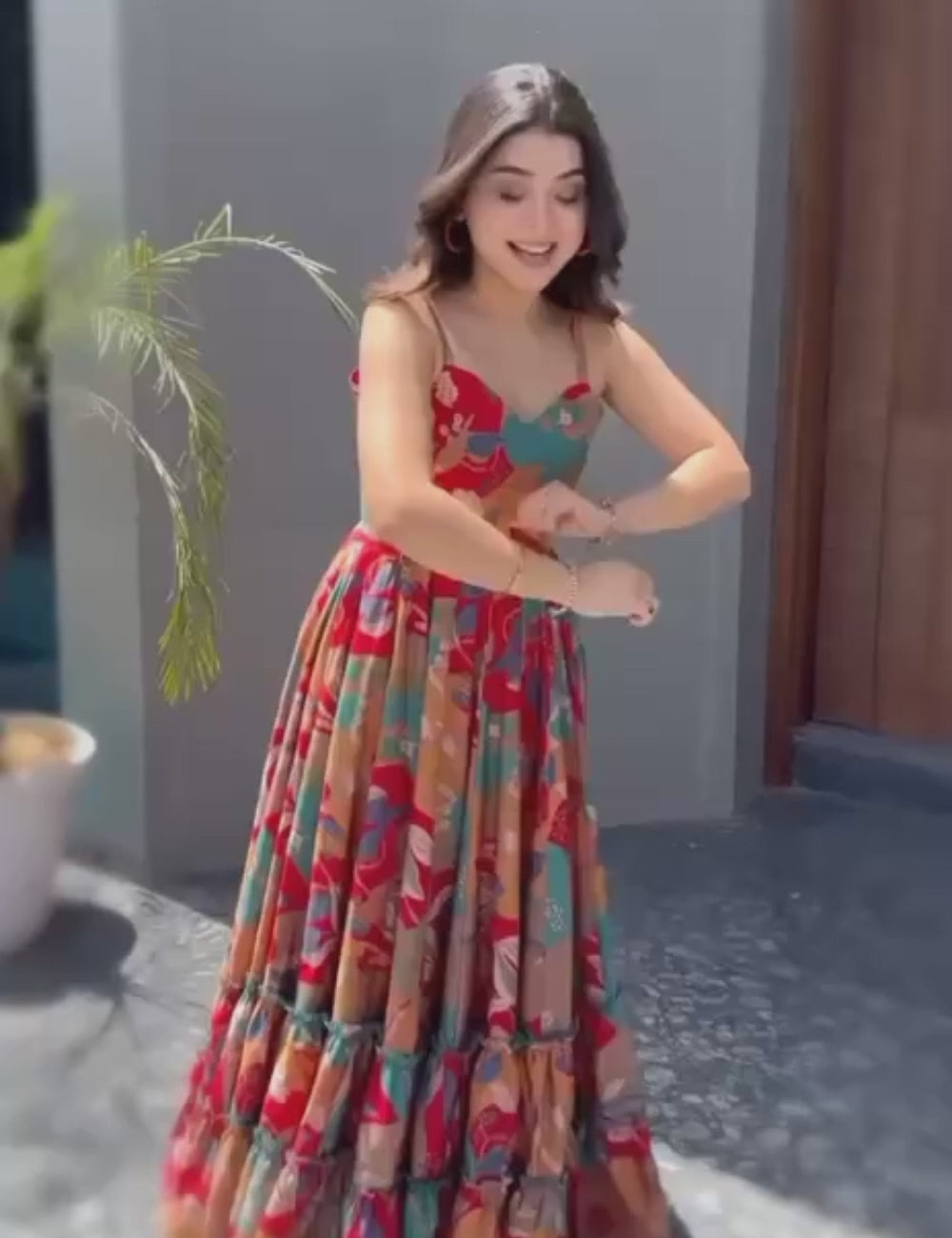 Muslin Printed Designer Gown with Frill Work