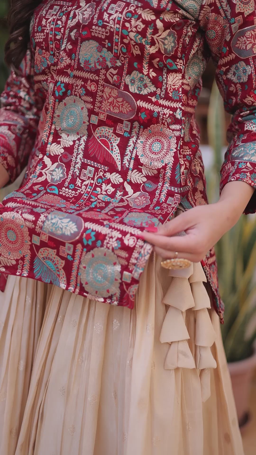 Designer Jacquard Lehenga Set with Fancy Neck Blouse