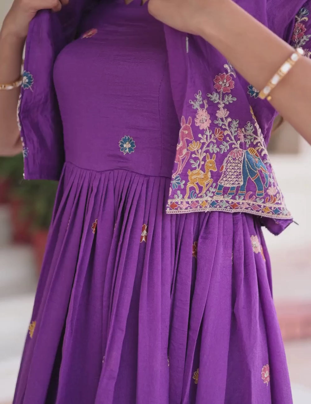Vichitra Silk Embroidered Gown with Designer Koti Set