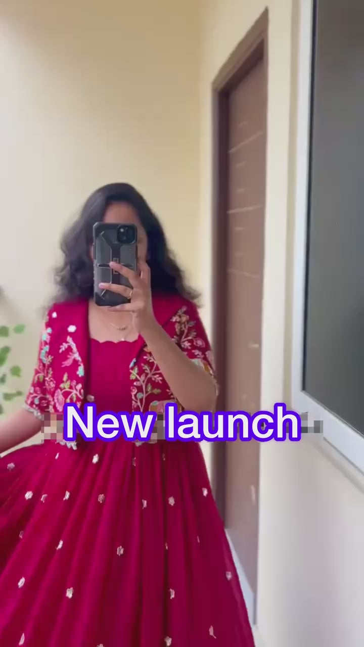 Designer Crepe Silk Embroidered Gown with Jacket – Elegant Festive & Wedding Wear