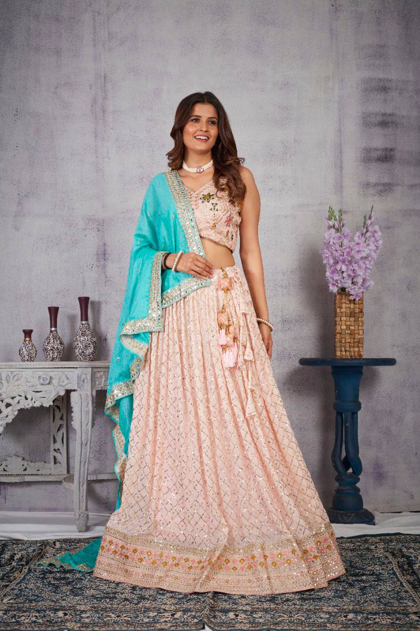 Designer Fox Georgette Lehenga Choli with Sequence Embroidery, Mirror Work Blouse & Chinon Dupatta